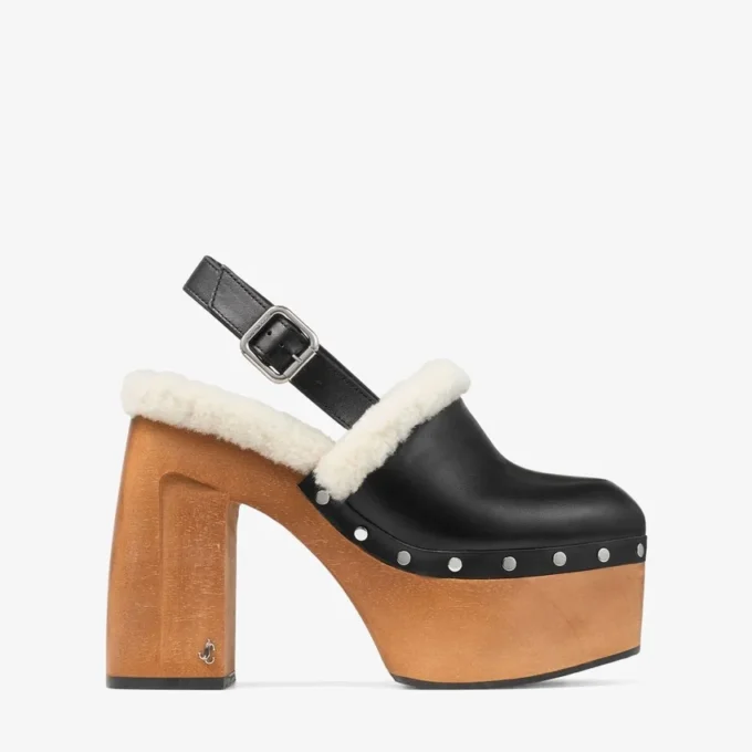 Alida Platform 135: zapatos de tacón con talón abierto en piel de becerro brillante negra con borreguillo Alida Platform 135: zapatos de tacón con talón abierto en piel de becerro brillante negra con borreguillo