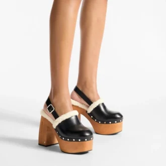 Alida Platform 135: zapatos de tacón con talón abierto en piel de becerro brillante negra con borreguillo