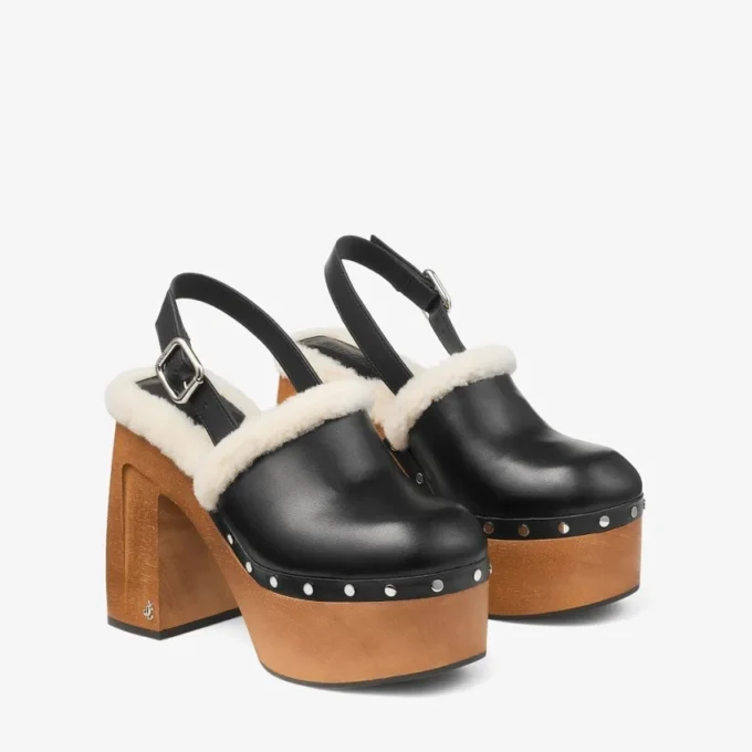 Alida Platform 135: zapatos de tacón con talón abierto en piel de becerro brillante negra con borreguillo Alida Platform 135: zapatos de tacón con talón abierto en piel de becerro brillante negra con borreguillo