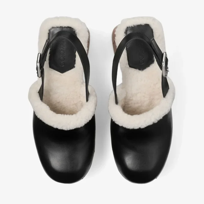 Alida Platform 135: zapatos de tacón con talón abierto en piel de becerro brillante negra con borreguillo Alida Platform 135: zapatos de tacón con talón abierto en piel de becerro brillante negra con borreguillo
