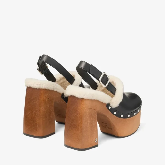 Alida Platform 135: zapatos de tacón con talón abierto en piel de becerro brillante negra con borreguillo Alida Platform 135: zapatos de tacón con talón abierto en piel de becerro brillante negra con borreguillo