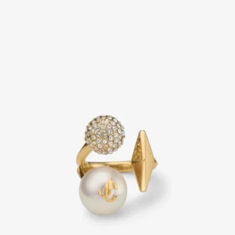 Anillo con múltiples dijes Anillo con perlas y acabado dorado