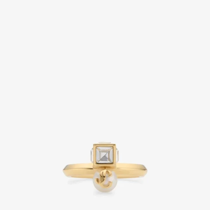 Anillo Jc Pearl Cube Anillo de metal dorado con perla y cubo de cristal Anillo Jc Pearl Cube Anillo de metal dorado con perla y cubo de cristal