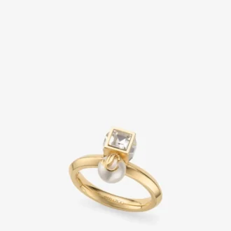Anillo Jc Pearl Cube Anillo de metal dorado con perla y cubo de cristal