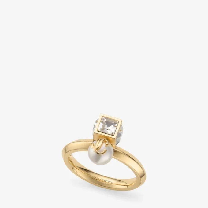 Anillo Jc Pearl Cube Anillo de metal dorado con perla y cubo de cristal Anillo Jc Pearl Cube Anillo de metal dorado con perla y cubo de cristal