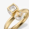 Anillo Jc Pearl Cube Anillo de metal dorado con perla y cubo de cristal Anillo Jc Pearl Cube Anillo de metal dorado con perla y cubo de cristal