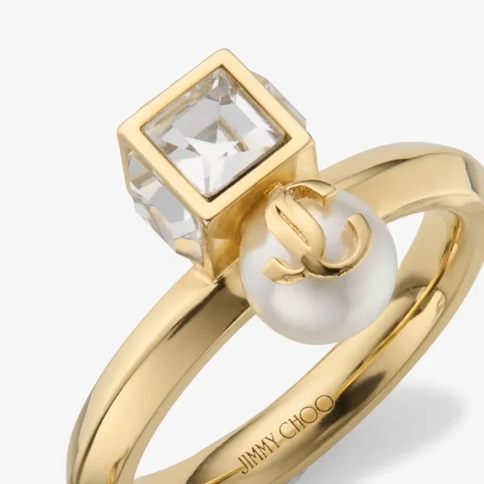 Anillo Jc Pearl Cube Anillo de metal dorado con perla y cubo de cristal Anillo Jc Pearl Cube Anillo de metal dorado con perla y cubo de cristal