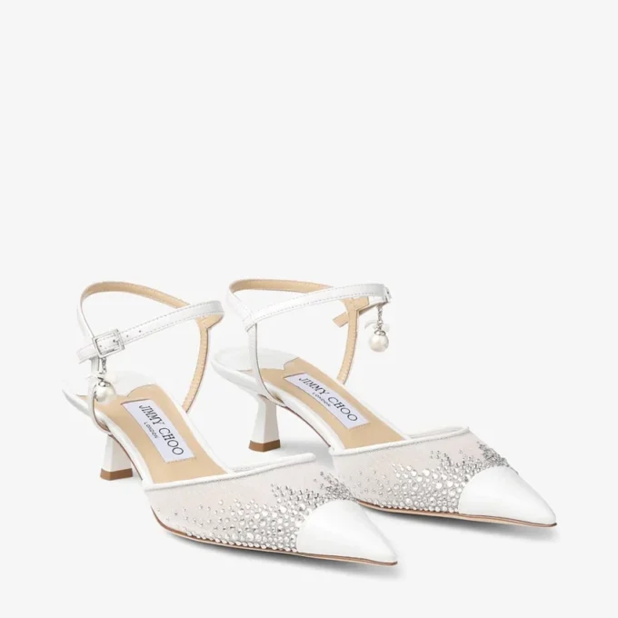 Aren Sling Back 45: sandalias de malla con cristales blancos y charm de perla Aren Sling Back 45: sandalias de malla con cristales blancos y charm de perla