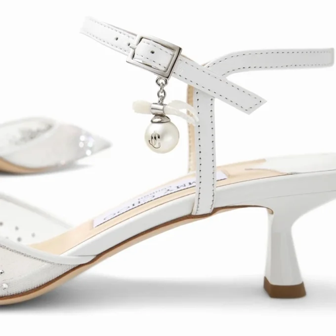 Aren Sling Back 45: sandalias de malla con cristales blancos y charm de perla Aren Sling Back 45: sandalias de malla con cristales blancos y charm de perla