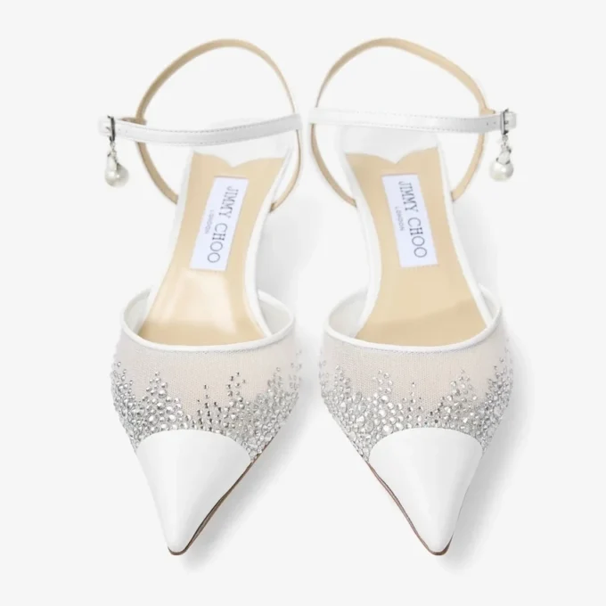 Aren Sling Back 45: sandalias de malla con cristales blancos y charm de perla Aren Sling Back 45: sandalias de malla con cristales blancos y charm de perla