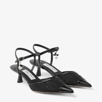 Aren Sling Back 45 Zapatos de tacón con talón abierto en cuero Spazzolato negro y malla con corazones, con un colgante de perla