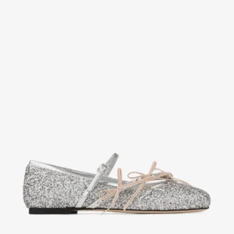 Bailarinas Loli en plata y tejido con purpurina en color macaron, con lazos de satén