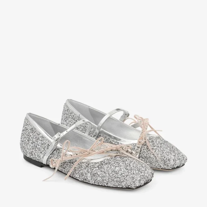 Bailarinas Loli en plata y tejido con purpurina en color macaron, con lazos de satén