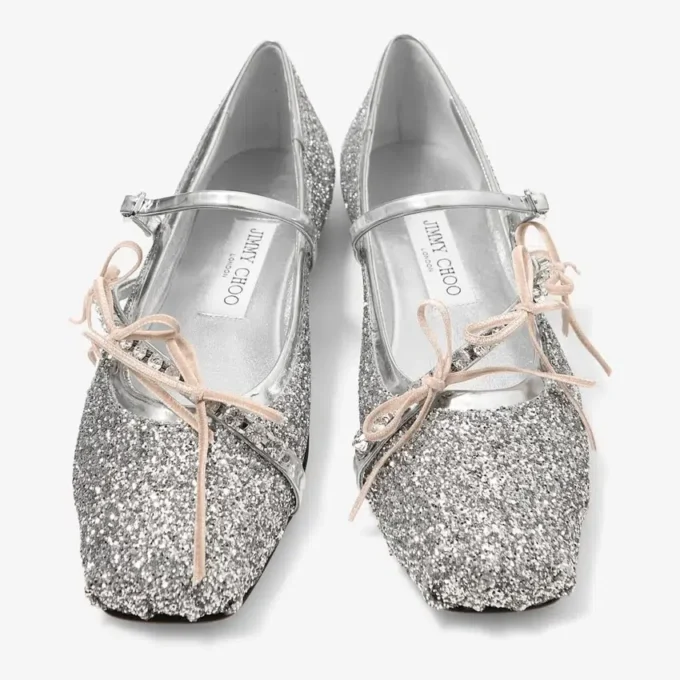 Bailarinas Loli en plata y tejido con purpurina en color macaron, con lazos de satén