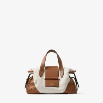 Bar Holdall Small: bolso de viaje de lona reciclada en color natural y marrón claro con ribetes de piel Biker