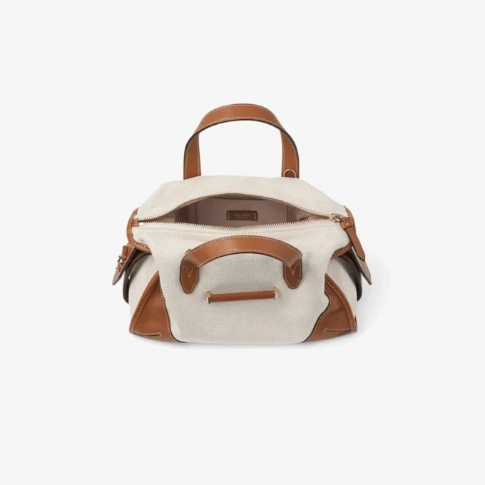 Bar Holdall Small: bolso de viaje de lona reciclada en color natural y marrón claro con ribetes de piel Biker