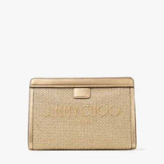 Bolsa Avenue de rafia bordada en dorado y capuchino oscuro metalizado