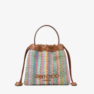 Bolsa con cordón y asa superior Bolsa con cordón de rafia multicolor y marrón claro con diseño en zigzag y ribetes de cuero