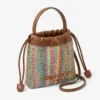 Bolsa con cordón y asa superior Bolsa con cordón de rafia multicolor y marrón claro con diseño en zigzag y ribetes de cuero Bolsa con cordón y asa superior Bolsa con cordón de rafia multicolor y marrón claro con diseño en zigzag y ribetes de cuero
