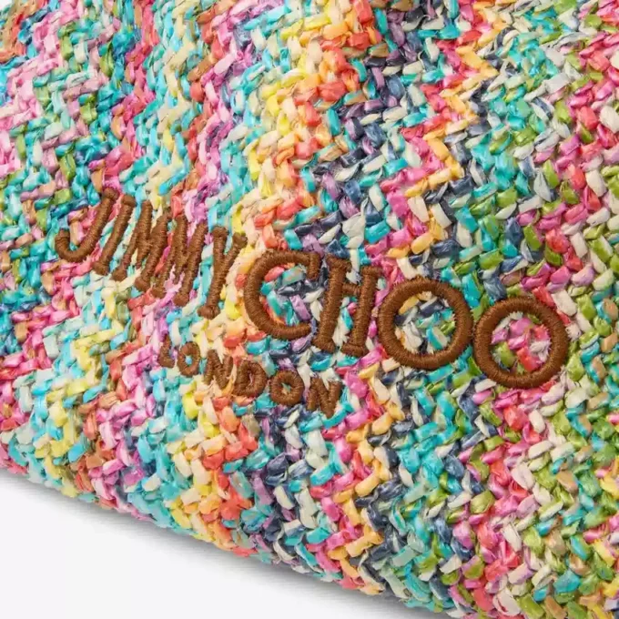 Bolsa con cordón y asa superior Bolsa con cordón de rafia multicolor y marrón claro con diseño en zigzag y ribetes de cuero Bolsa con cordón y asa superior Bolsa con cordón de rafia multicolor y marrón claro con diseño en zigzag y ribetes de cuero