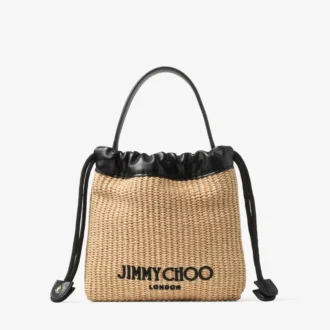 Bolsa con cordón y asa superior Bolsa con cordón de rafia suave natural y negra con ribetes de cuero