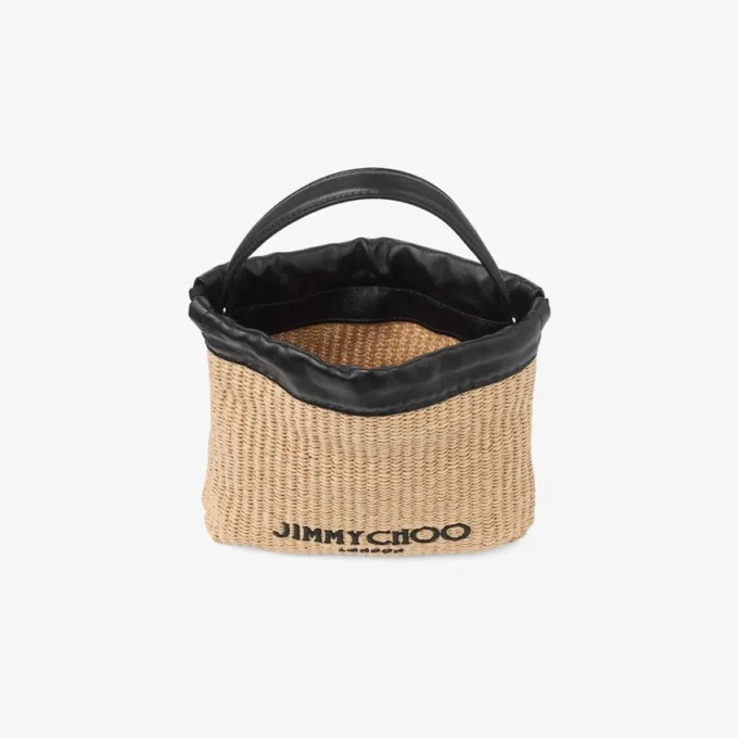 Bolsa con cordón y asa superior Bolsa con cordón de rafia suave natural y negra con ribetes de cuero Bolsa con cordón y asa superior Bolsa con cordón de rafia suave natural y negra con ribetes de cuero