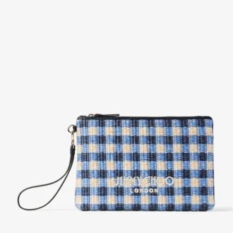 Bolsa plana con cremallera Bolsa con cremallera de rafia a cuadros vichy en azul marino y crudo