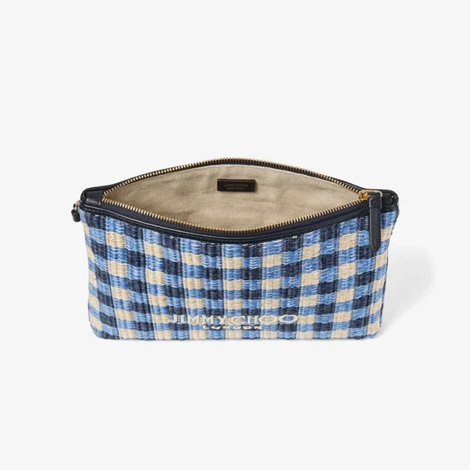 Bolsa plana con cremallera Bolsa con cremallera de rafia a cuadros vichy en azul marino y crudo