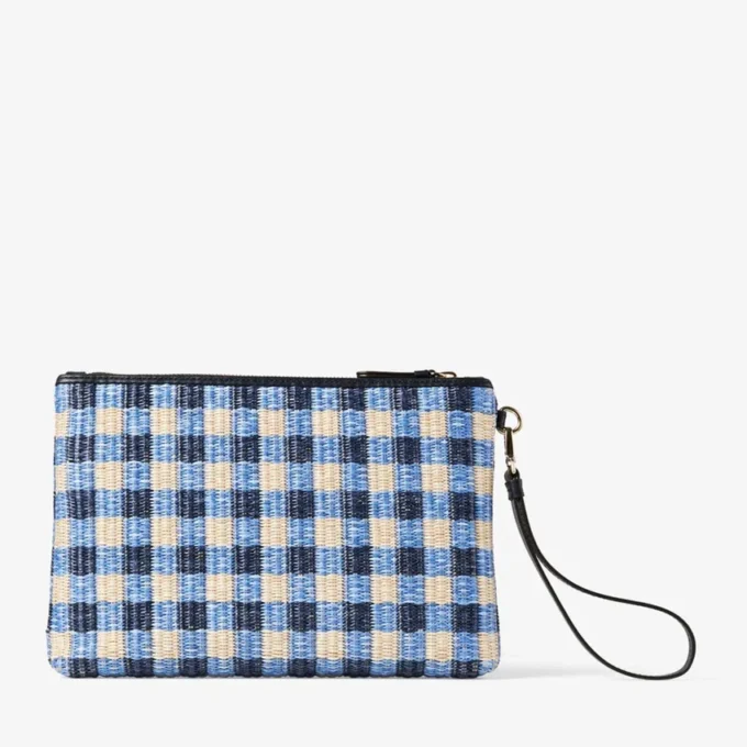 Bolsa plana con cremallera Bolsa con cremallera de rafia a cuadros vichy en azul marino y crudo