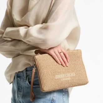 Bolsa plana con cremallera Bolsa con cremallera de rafia natural y color latte Bolsa plana con cremallera Bolsa con cremallera de rafia natural y color latte
