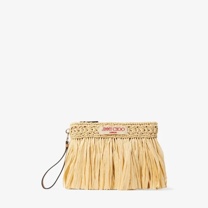 Bolsa plana con cremallera Bolsa con cremallera de rafia tejida en color natural y dorado claro con flecos Bolsa plana con cremallera Bolsa con cremallera de rafia tejida en color natural y dorado claro con flecos