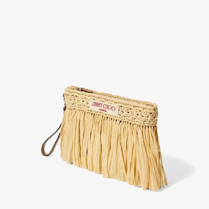 Bolsa plana con cremallera Bolsa con cremallera de rafia tejida en color natural y dorado claro con flecos Bolsa plana con cremallera Bolsa con cremallera de rafia tejida en color natural y dorado claro con flecos