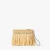 Bolsa plana con cremallera Bolsa con cremallera de rafia tejida en color natural y dorado claro con flecos Bolsa plana con cremallera Bolsa con cremallera de rafia tejida en color natural y dorado claro con flecos