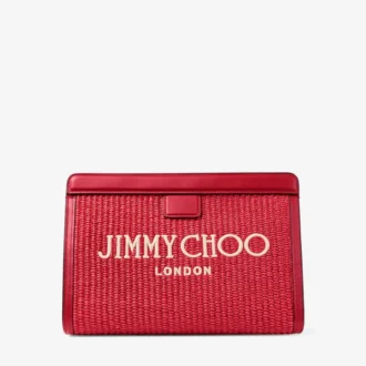 Bolsita Avenue London en rafia y piel bordadas en rojo rubí y dorado claro Bolsita Avenue London en rafia y piel bordadas en rojo rubí y dorado claro