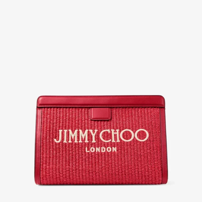 Bolsita Avenue London en rafia y piel bordadas en rojo rubí y dorado claro Bolsita Avenue London en rafia y piel bordadas en rojo rubí y dorado claro