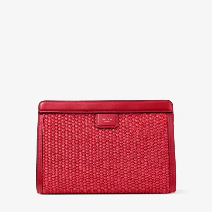 Bolsita Avenue London en rafia y piel bordadas en rojo rubí y dorado claro Bolsita Avenue London en rafia y piel bordadas en rojo rubí y dorado claro