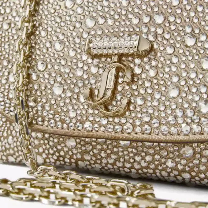 Bolso bandolera Curve pequeño de ante dorado brillante con cristales Hotfix Bolso bandolera Curve pequeño de ante dorado brillante con cristales Hotfix
