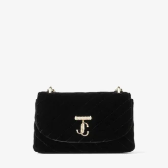 Bolso bandolera Curve pequeño en terciopelo acolchado negro con barra Jc de cristales