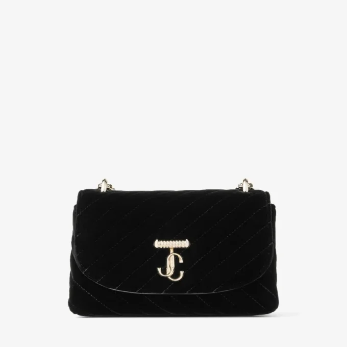 Bolso bandolera Curve pequeño en terciopelo acolchado negro con barra Jc de cristales Bolso bandolera Curve pequeño en terciopelo acolchado negro con barra Jc de cristales