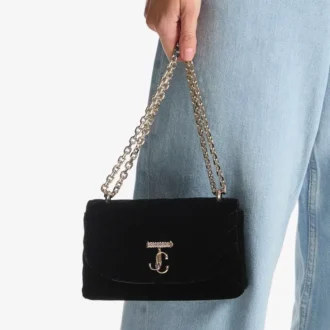 Bolso bandolera Curve pequeño en terciopelo acolchado negro con barra Jc de cristales