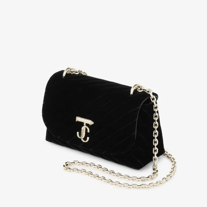Bolso bandolera Curve pequeño en terciopelo acolchado negro con barra Jc de cristales Bolso bandolera Curve pequeño en terciopelo acolchado negro con barra Jc de cristales