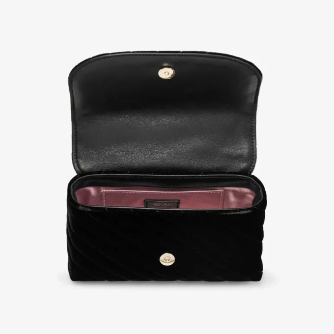 Bolso bandolera Curve pequeño en terciopelo acolchado negro con barra Jc de cristales Bolso bandolera Curve pequeño en terciopelo acolchado negro con barra Jc de cristales