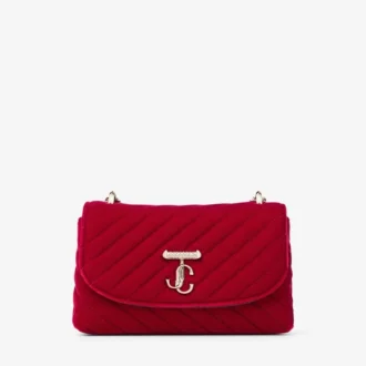Bolso bandolera pequeño Curve en terciopelo acolchado rojo rubí con barra JC de cristal