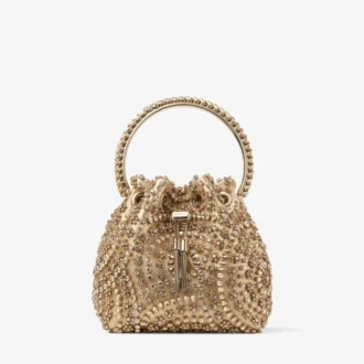 Bolso Bon Bon de napa metalizada dorada con bordado de cristales