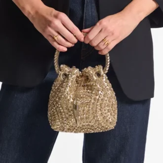 Bolso Bon Bon de napa metalizada dorada con bordado de cristales