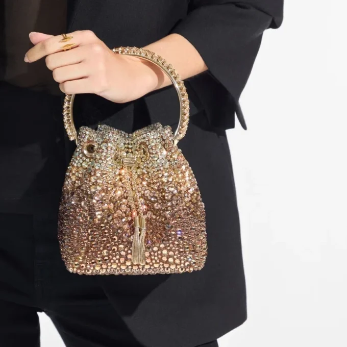 Bolso Bon Bon de satén bronce con cristales degradados