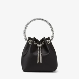 Bolso Bon Bon de satén negro con asa de cristal
