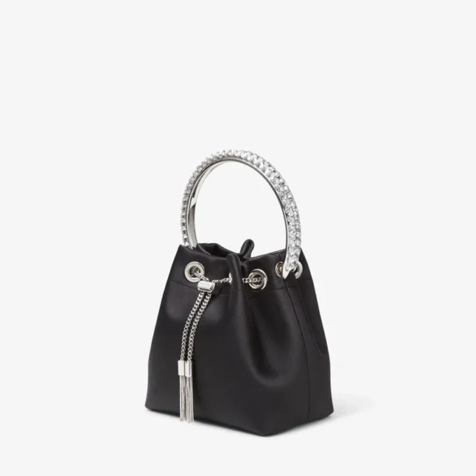 Bolso Bon Bon de satén negro con asa de cristal Bolso Bon Bon de satén negro con asa de cristal