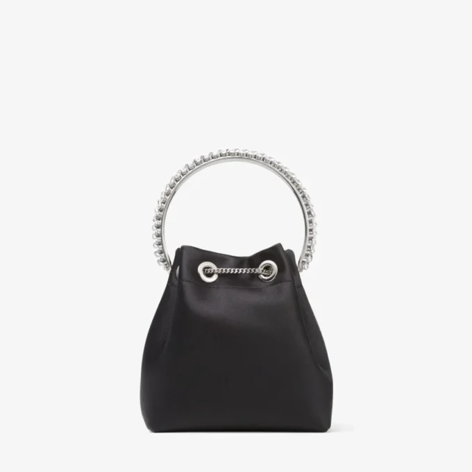 Bolso Bon Bon de satén negro con asa de cristal Bolso Bon Bon de satén negro con asa de cristal