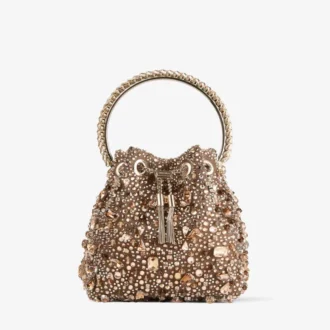 Bolso Bon Bon Tan de malla de cristal metalizada con asa de cristal